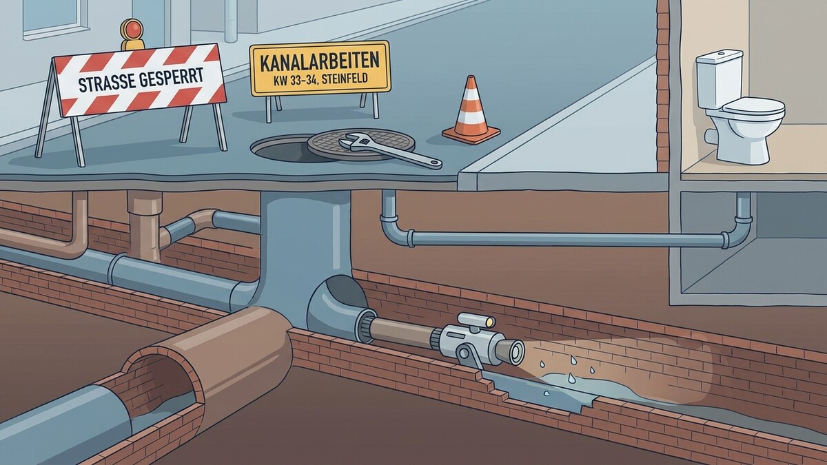 Kanalarbeiten in Steinfeld: Straßensperre und unterirdische Rohre mit Kamera werden gezeigt