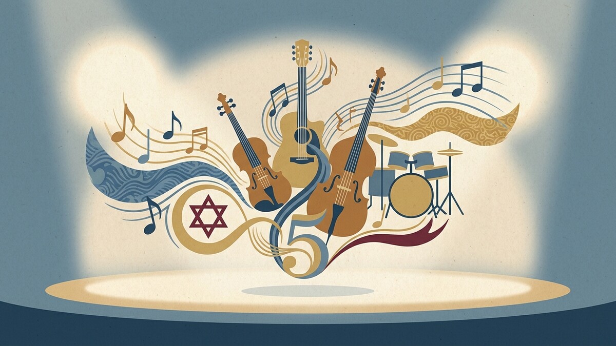 Musik-Illustration mit Instrumenten, Noten und Davidstern, auf einer Bühne