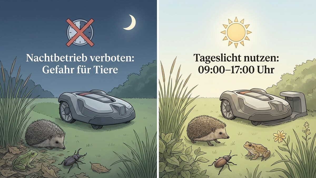 Rasenroboter: Nachtbetrieb verboten, Tagbetrieb empfohlen für Tiere.