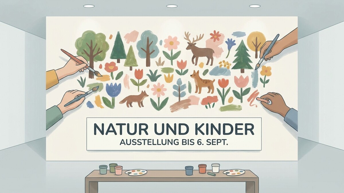 Natur und Kinder Ausstellung mit vier Händen, die malen und zeichnen, im Hintergrund eine Galerie.