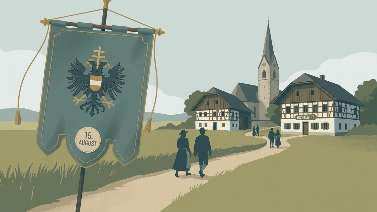 Österreichischer Doppeladler auf Fahne mit Datum 15. August, vor Kirche und Gasthaus.