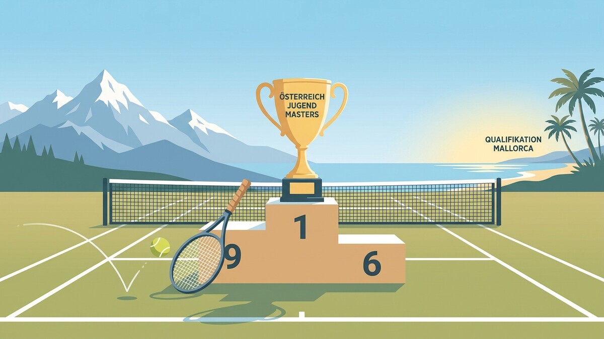 Österreich Jugend Masters Pokal auf Siegerpodest mit Tennisplatz und Bergkulisse