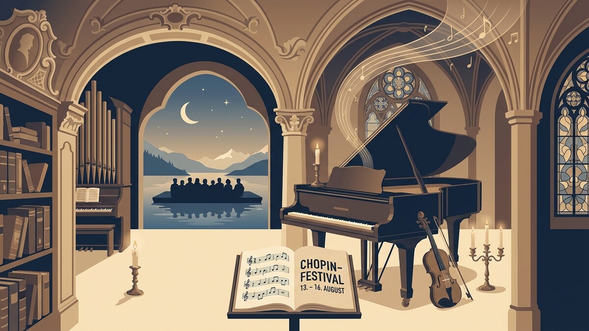 Chopin-Festival-Plakat mit Flügel, Violine und Notenblatt vor einer Berglandschaft