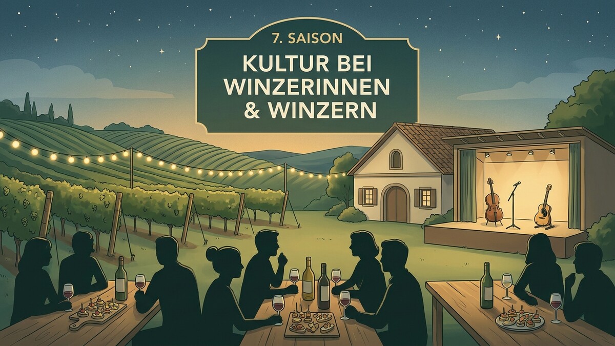 Kultur bei Winzerinnen und Winzern: Silhouetten von Gästen sitzen an Holztischen mit Wein und Snacks, eine Bühne mit Instrumenten steht vor einem Haus in einem Weingarten.