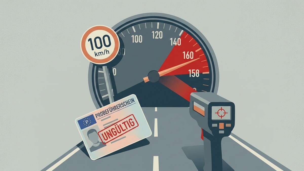 Tachometer, 100er-Schild, ungültiger Probeführerschein und Radarmessgerät auf Straße