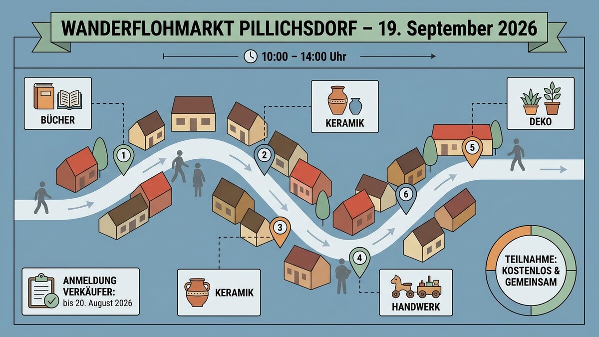 Wanderflohmarkt Pillichsdorf am 19. September 2026 mit Ständen für Bücher, Keramik, Deko und Handwerk.