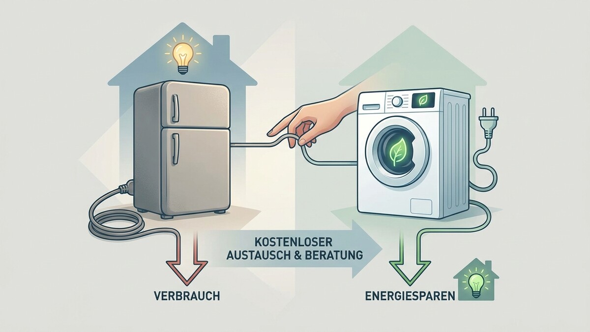Kühlschrank und Waschmaschine mit Blatt-Symbol für Energiesparen, kostenloser Austausch und Beratung