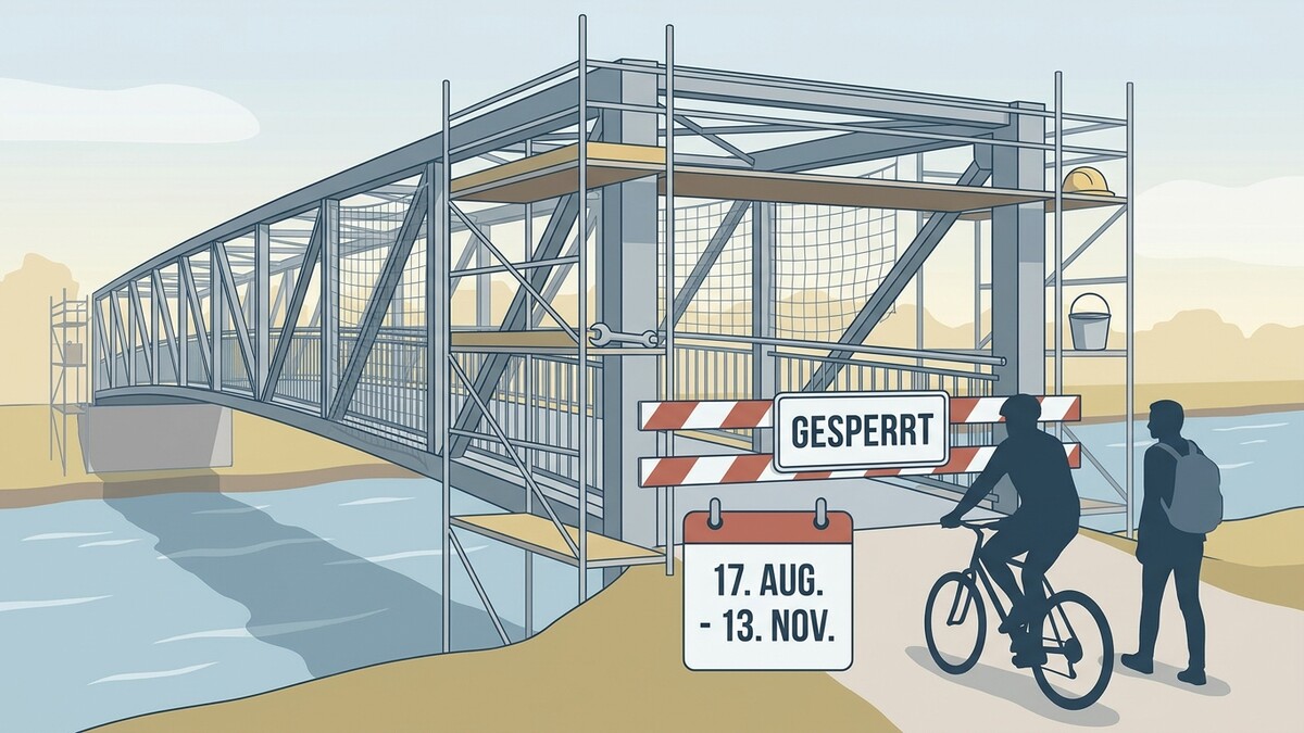 Brücke im Bau mit Gerüst und Sperrschild, Radfahrer und Fußgänger davor
