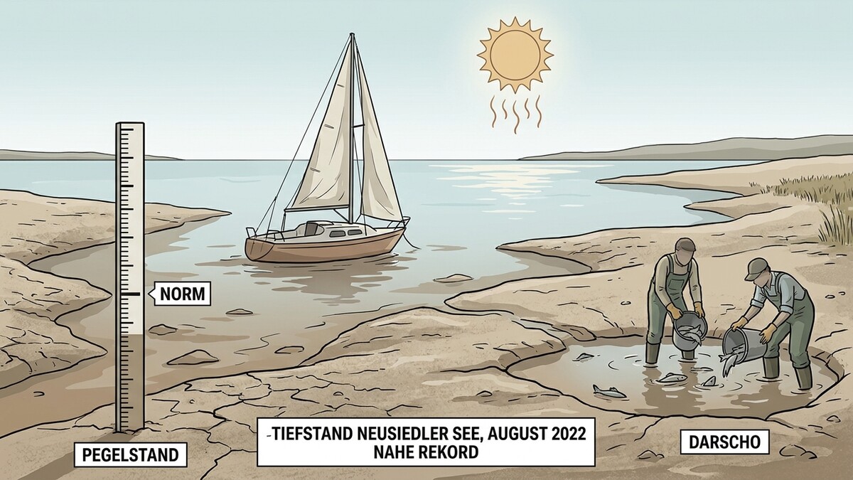 Neusiedler See Tiefstand: Pegelmessung mit Segelboot und zwei Männern fischen Fische aus einer Pfütze.