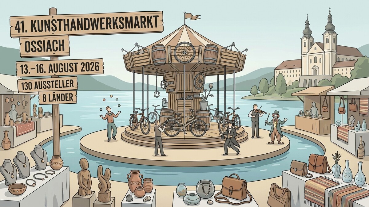 Kunsthandwerksmarkt Ossiach 2026 mit Karussell, Ausstellern und Stiftskirche Ossiach