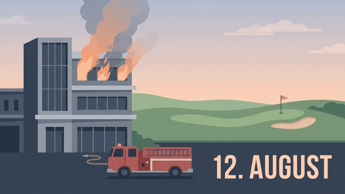 Gebäude brennt, Feuerwehrauto mit Schlauch vor einem Golfplatz, 12. August