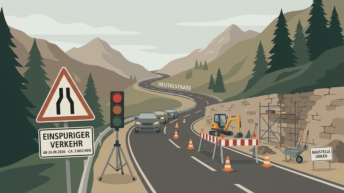 Einspuriger Verkehr auf der Heutalstraße wegen Baustelle Unken mit Ampel und Baumaschinen.