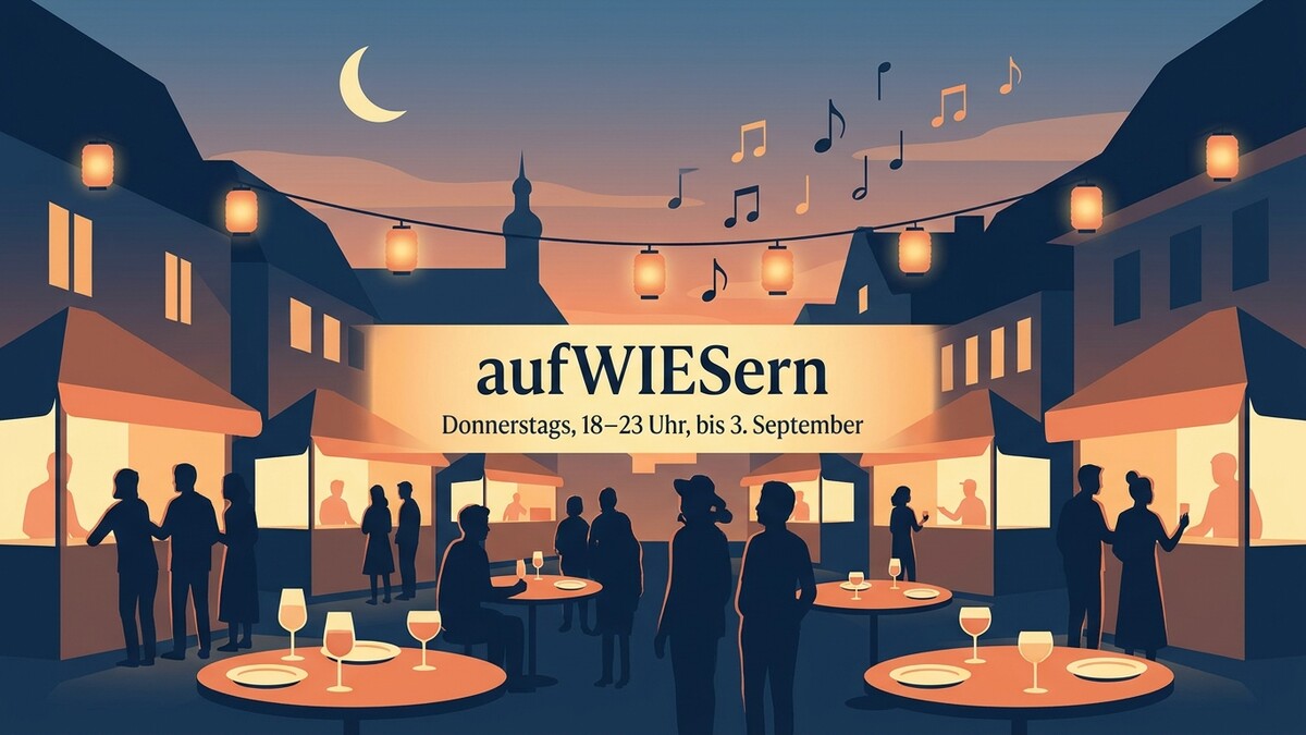 aufWIESern: Abendstimmung mit Menschen in Ständen, Musiknoten und Mond