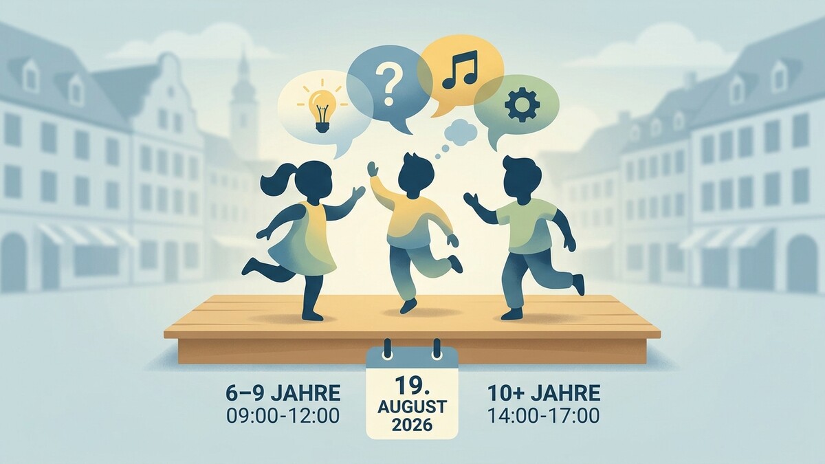 Kinder mit Sprechblasen auf einer Bühne vor unscharfer Stadtkulisse
