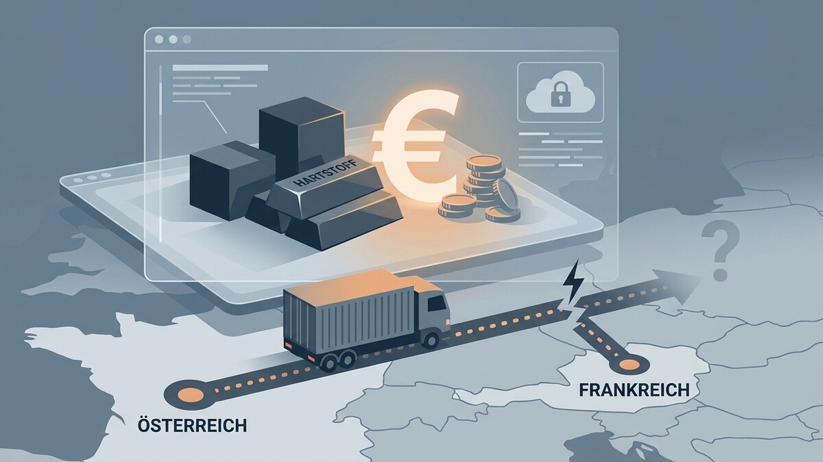 Goldbarren und Eurosymbol auf Tablet, LKW von Österreich nach Frankreich, Fragezeichen