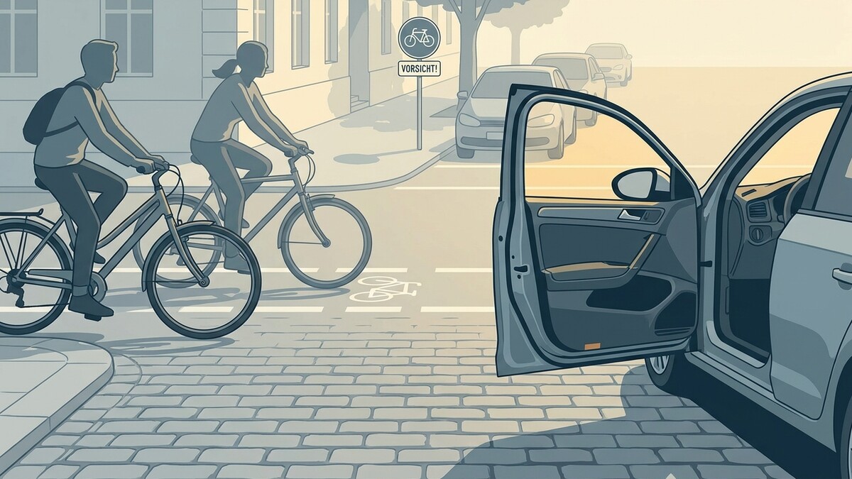 Zwei Radfahrer auf einem Radweg neben einem Auto mit offener Tür in Wien