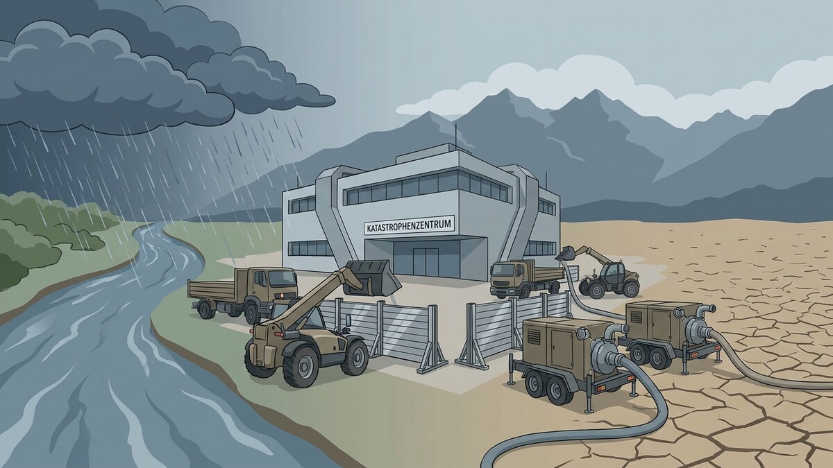 Katastrophenzentrum mit Baugeräten, Lkw und Pumpen bei starkem Regen und Hochwasser in den Alpen