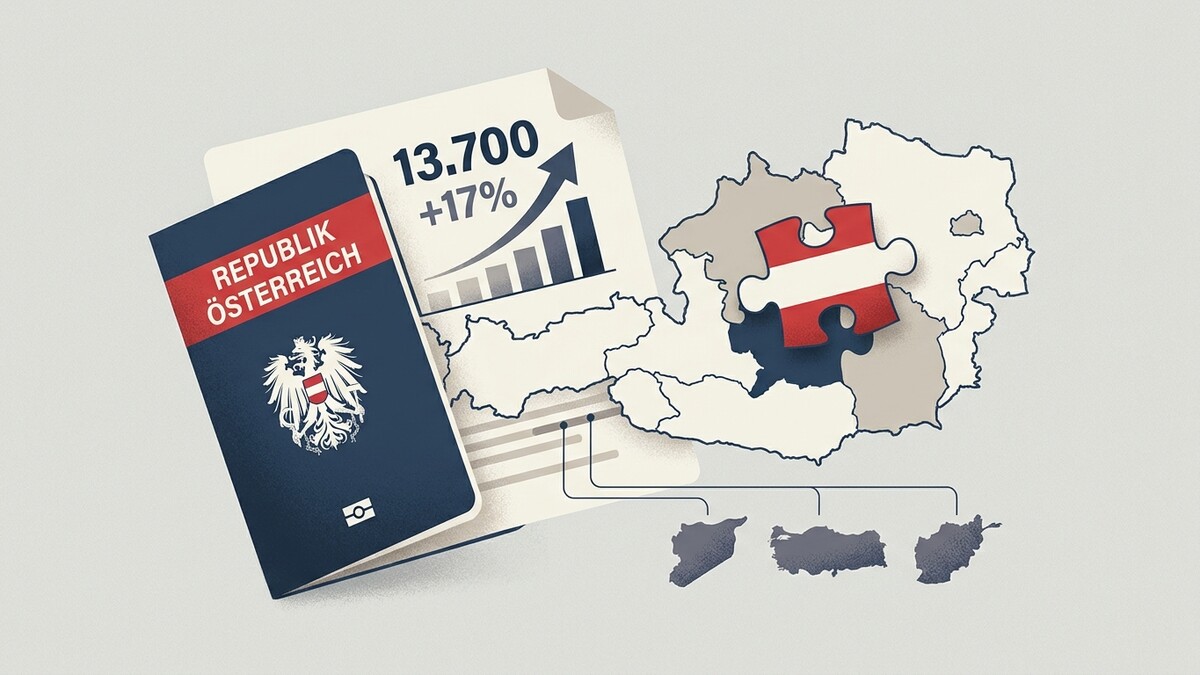 Österreich-Puzzle, Reisepass und Statistik mit steigenden Werten, Syrien, Türkei, Afghanistan