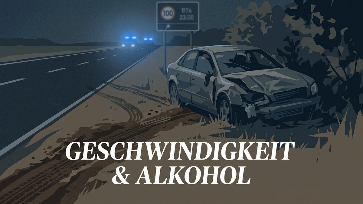 Unfallauto neben Straße mit Polizeiautos und Geschwindigkeitslimit-Schild