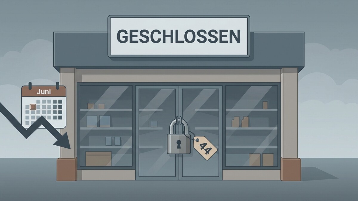 Geschlossenes Geschäft mit Vorhängeschloss und Kalender im Juni mit fallendem Pfeil