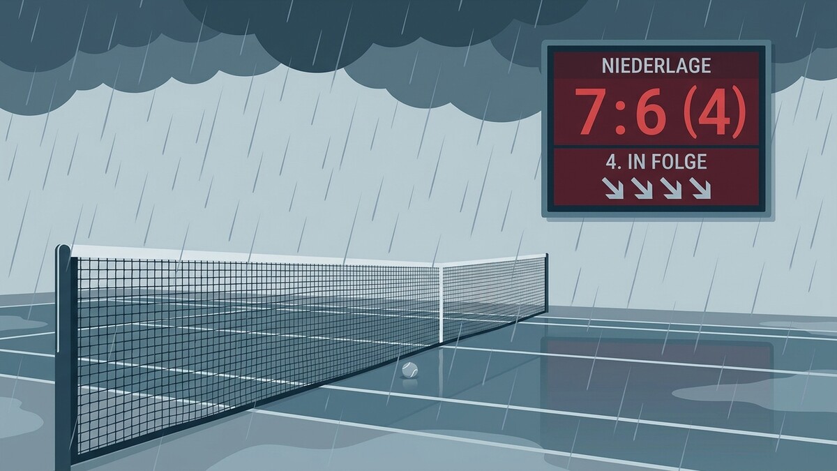 Tennisplatz bei Regen mit Anzeigetafel: Niederlage 7:6 (4), 4. in Folge