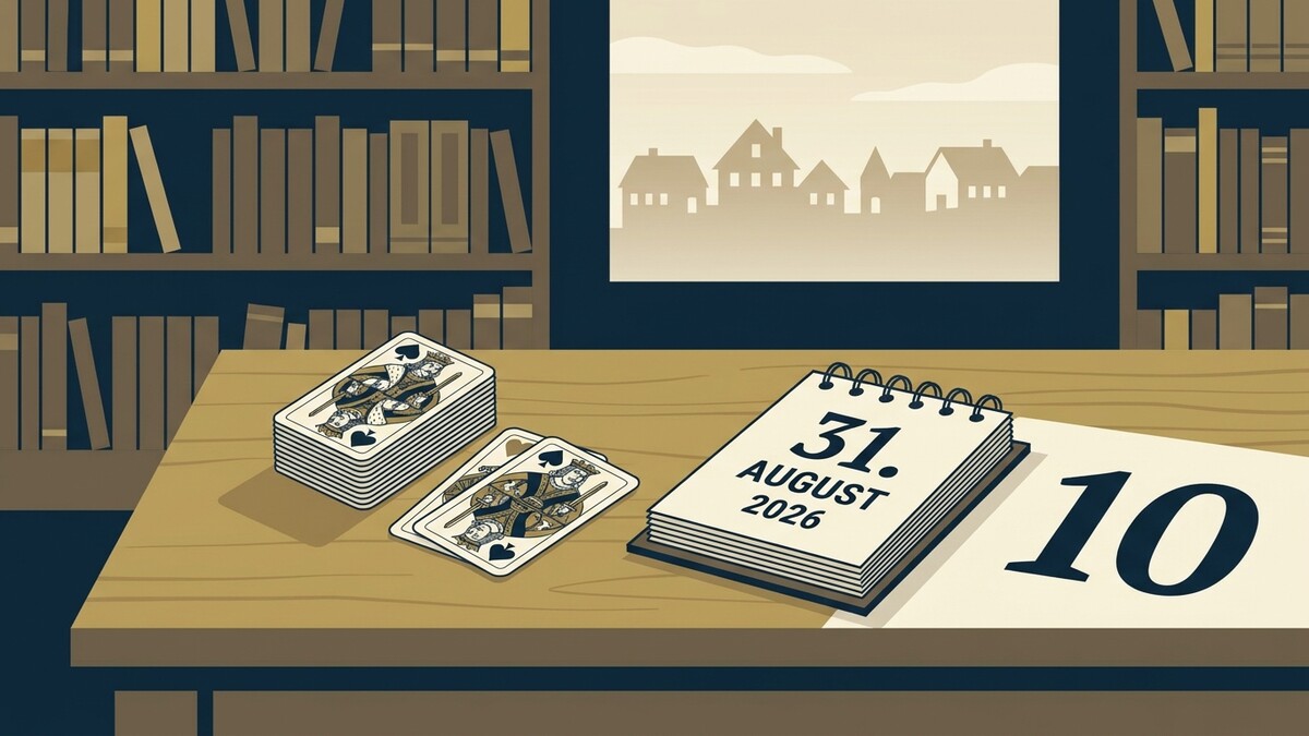 Spielkarten und Kalenderblatt mit 31. August 2026 auf einem Holztisch