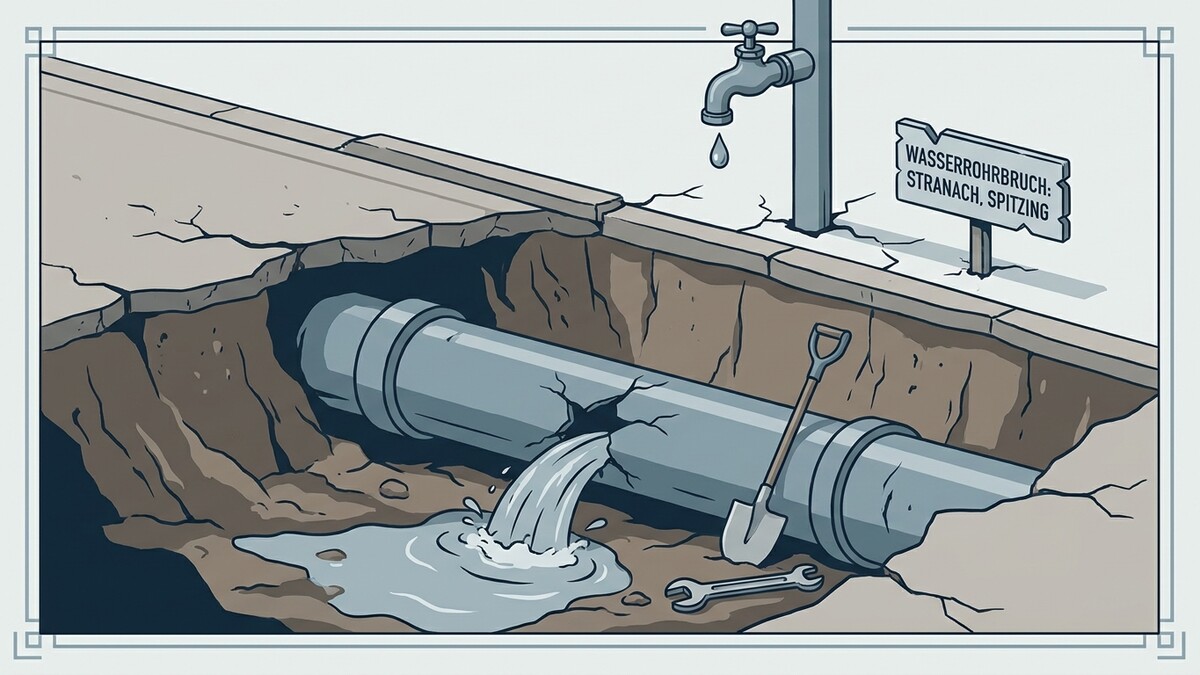 Wasserrohrbruch in Stranach, Spitzing: Aufgegrabenes Rohr mit Wasseraustritt, Schaufel und Schraubenschlüssel.