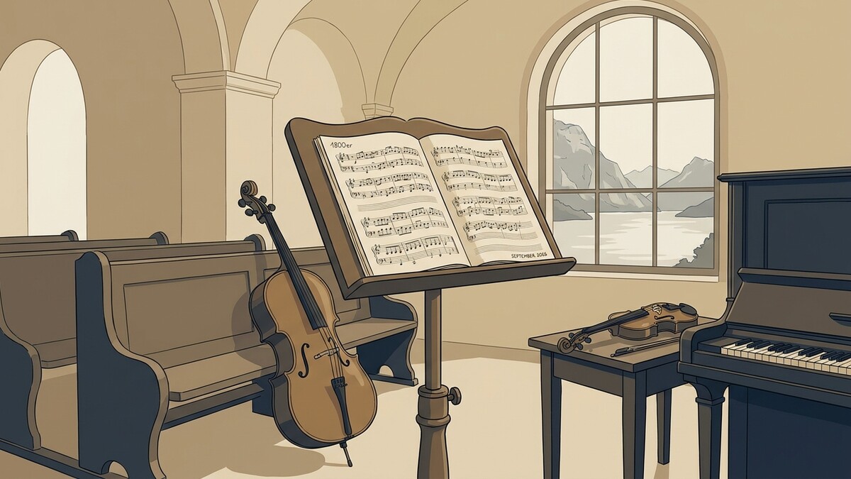 Musiknoten auf einem Notenständer mit Cello, Geige und Klavier in einem Raum mit Seeblick