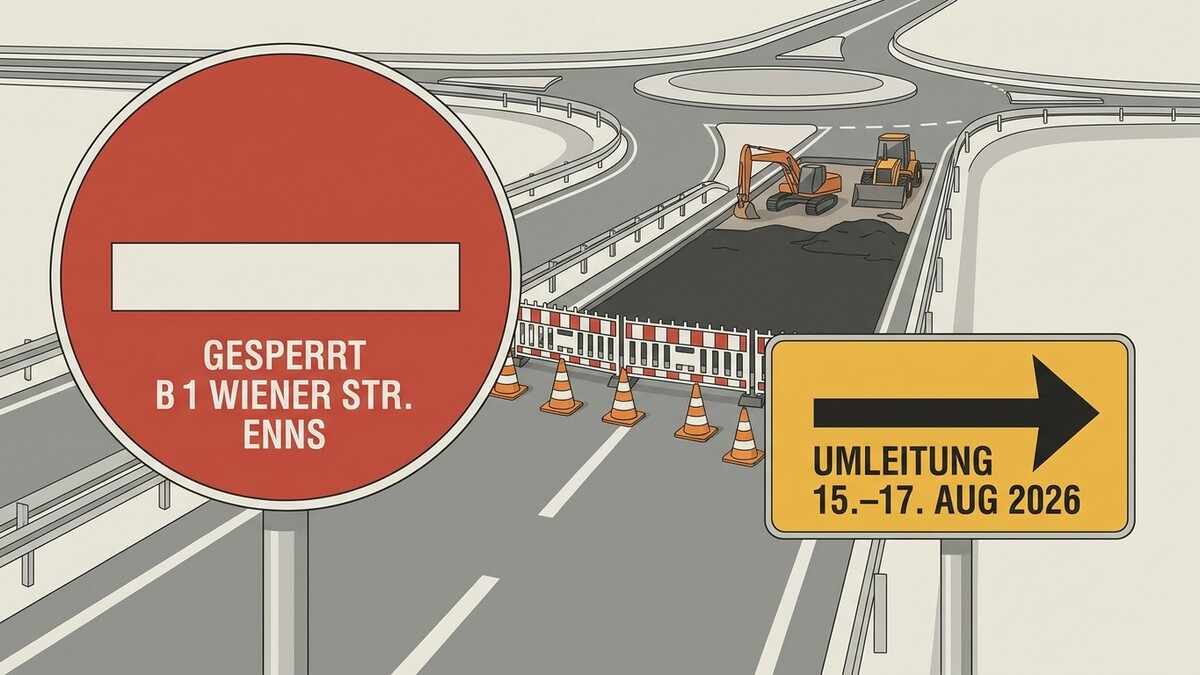 Umleitung B1 Wiener Straße Enns: Baustelle mit Baggern und Absperrungen, Umleitungsschild mit Pfeil nach rechts.