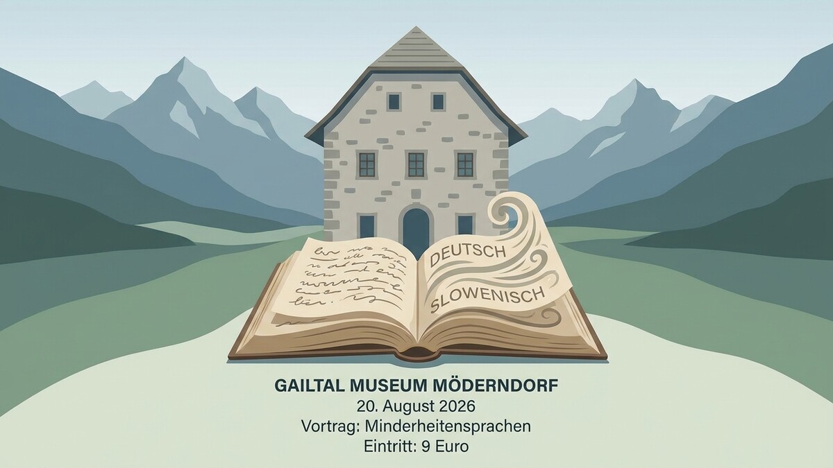 Gailtal Museum Möderndorf: Offenes Buch mit „Deutsch“ und „Slowenisch“ vor Bergkulisse.