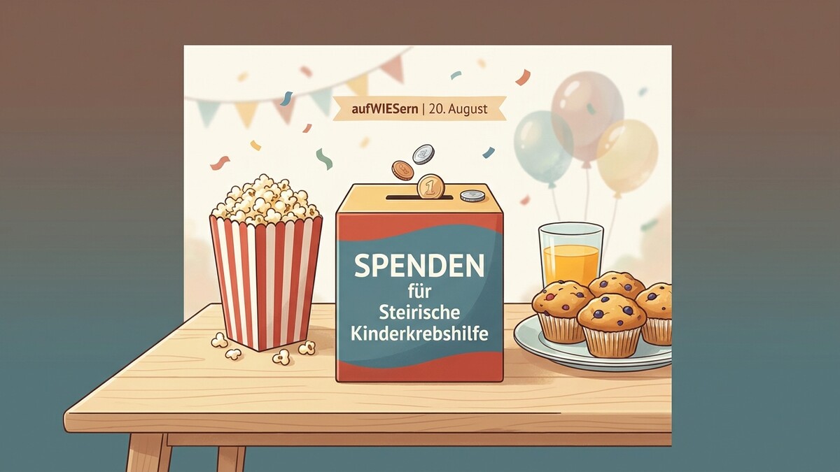 Spendenbox für Steirische Kinderkrebshilfe mit Popcorn, Muffins und Saft