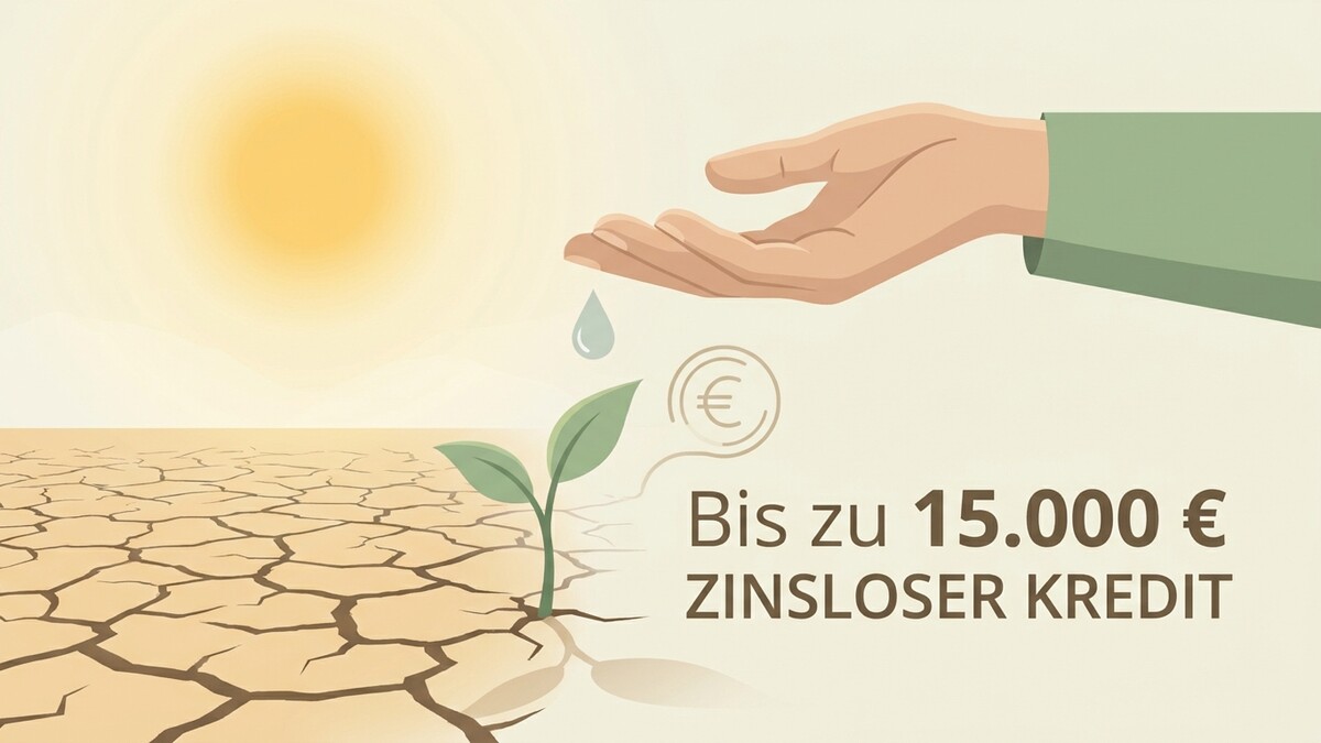 Zinsloser Kredit: Pflanze wächst aus trockener Erde, Hand gibt Wasser, Sonne scheint.