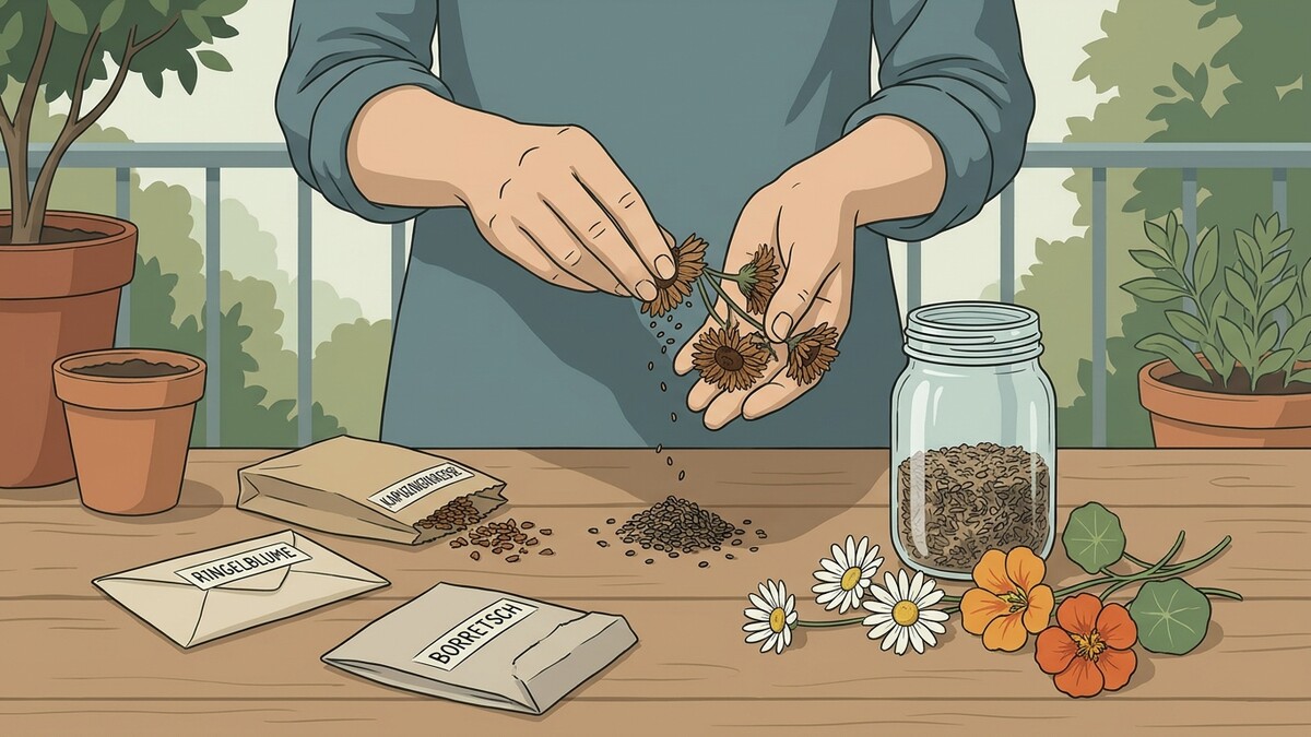 Samen gewinnen: Hände trennen getrocknete Blüten über einem Tisch mit Saatgut und Blumen