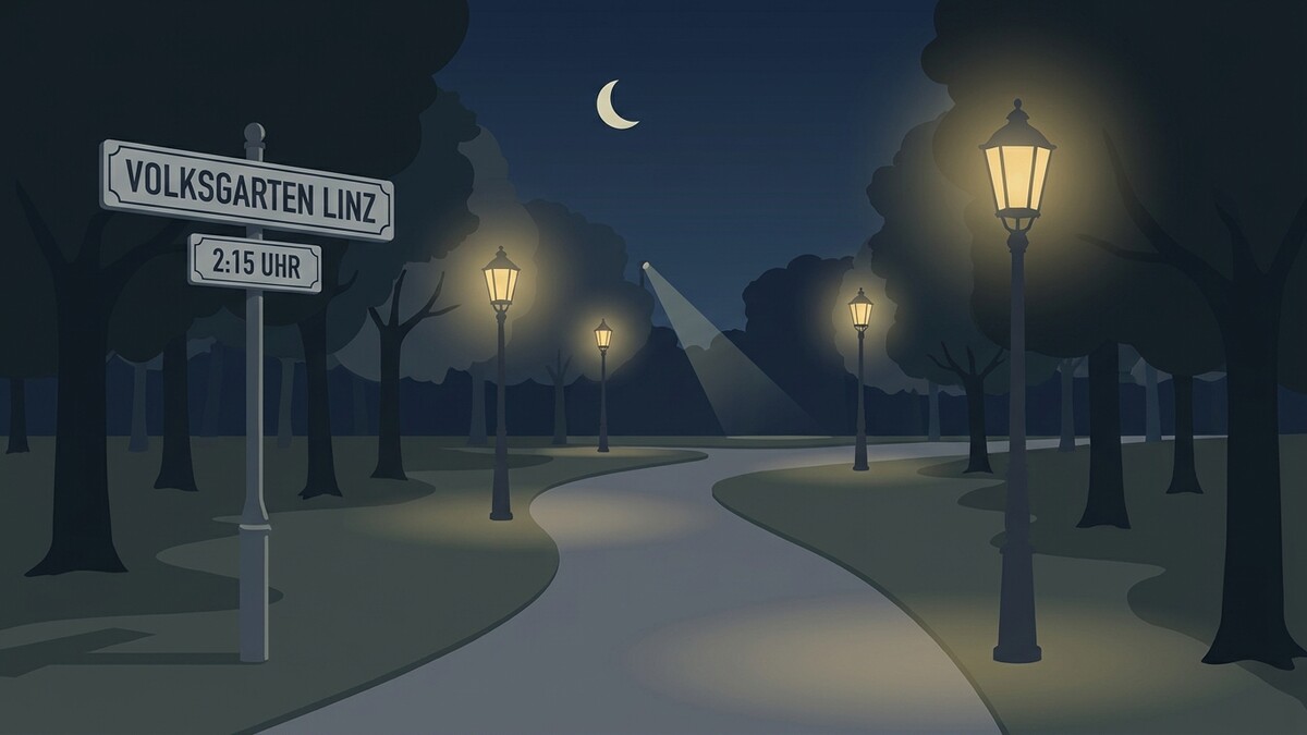 Volksgarten Linz bei Nacht, beleuchteter Weg, Mond am Himmel