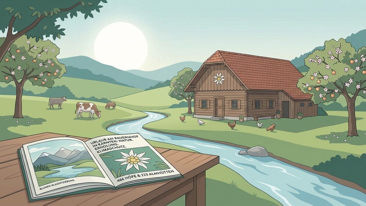 Bauernhof in Kärnten mit Kühen und Hühnern am Bach, Buch mit Almblume
