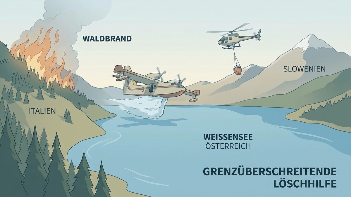 Waldbrand in Italien, Löschflugzeug am Weißensee in Österreich, Helikopter über Slowenien