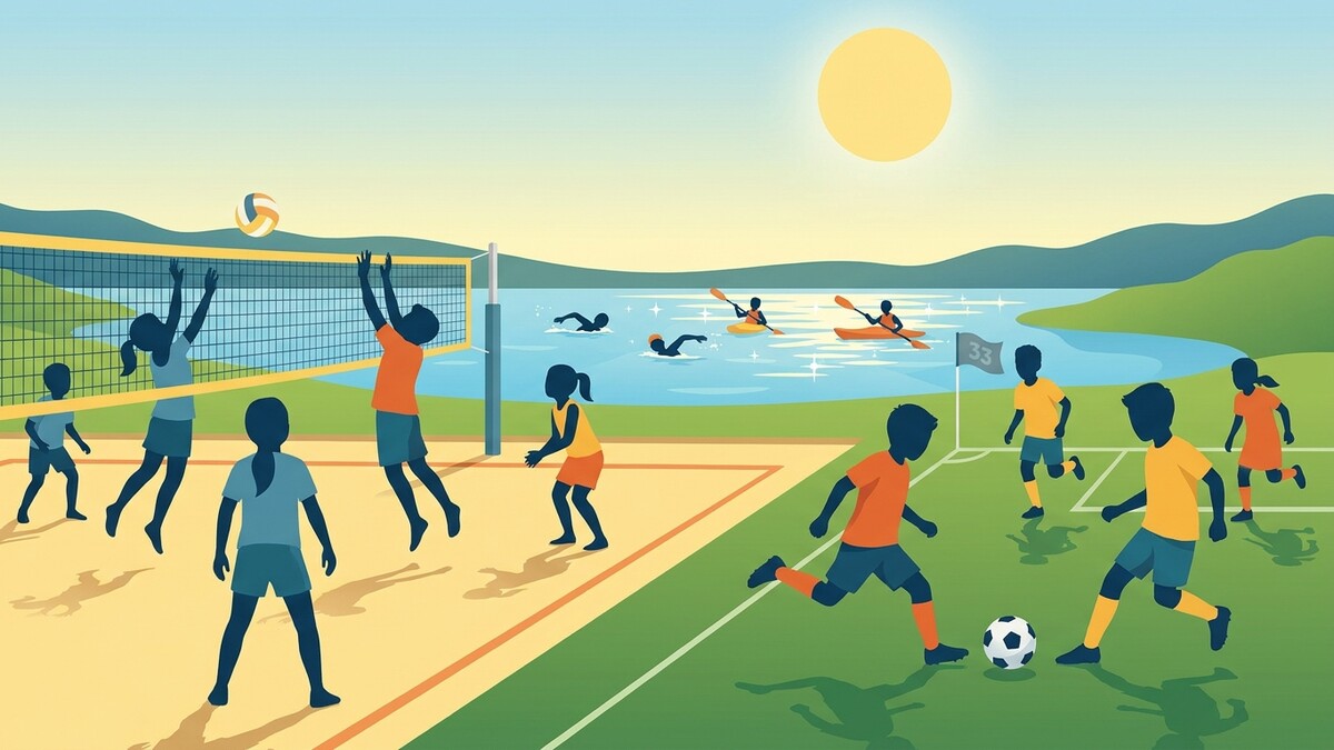 Sportliche Kinder spielen Volleyball, Fußball und Kajakfahren am See.