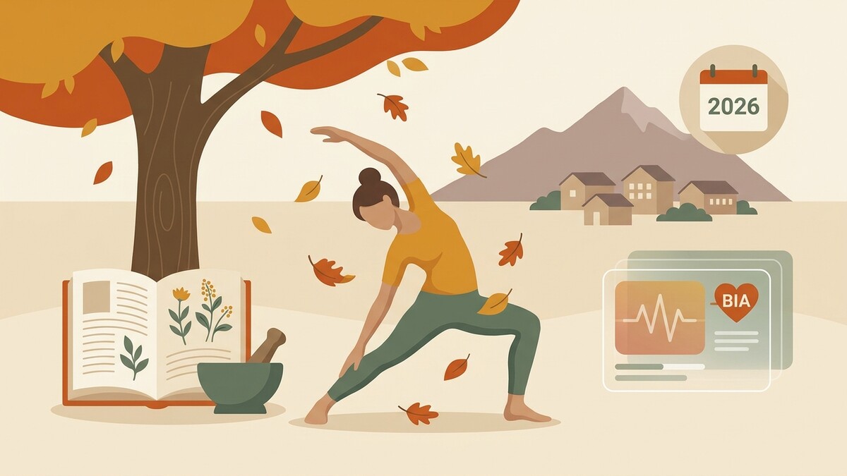 Frau in Yoga-Pose, Herbstlaub, Alpen, Kalender 2026, Gesundheitsdaten
