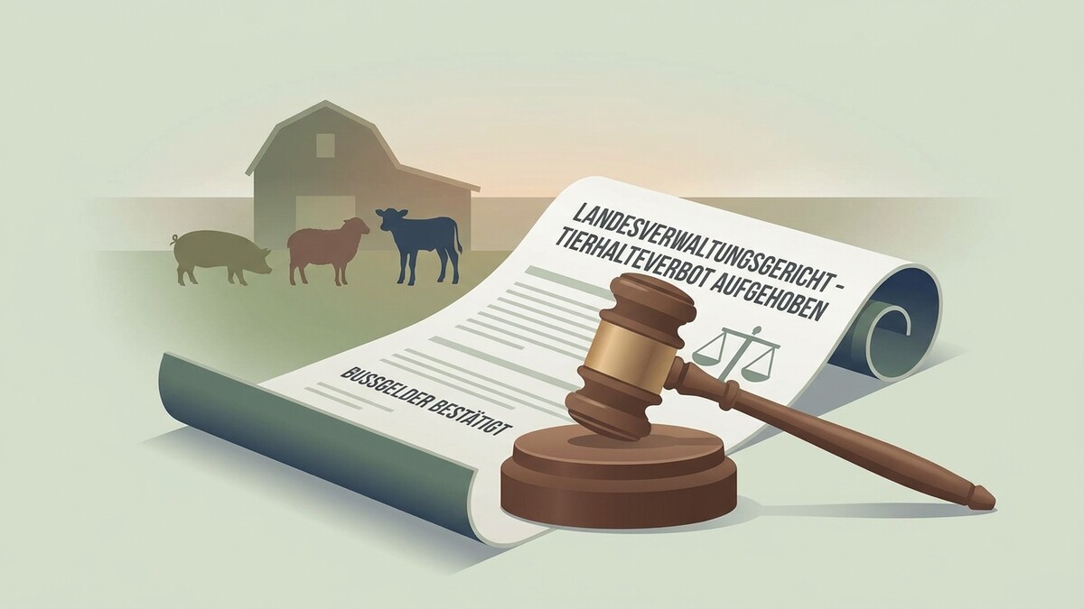 Tierhaltungsverbot aufgehoben: Urteil mit Hammer und Waage vor Stall und Tieren