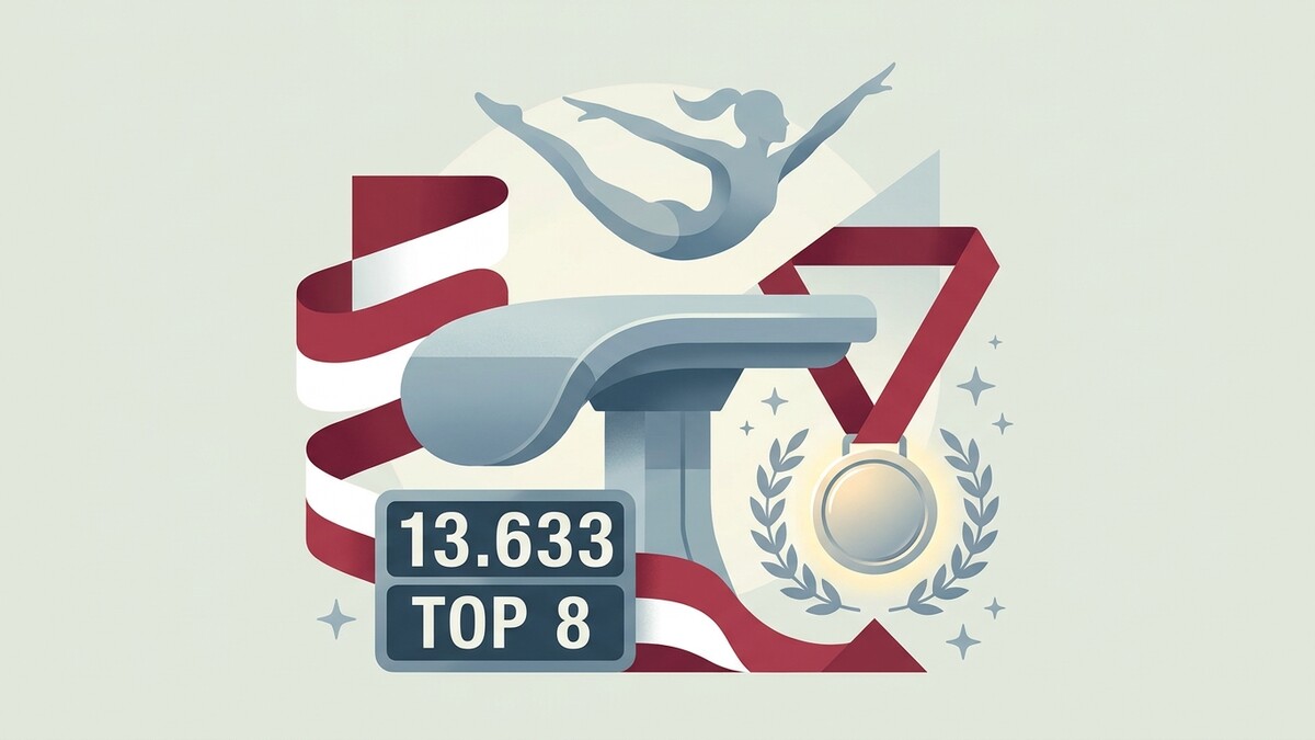 Turngerät mit Turnerin, Medaille und "13.633 TOP 8"