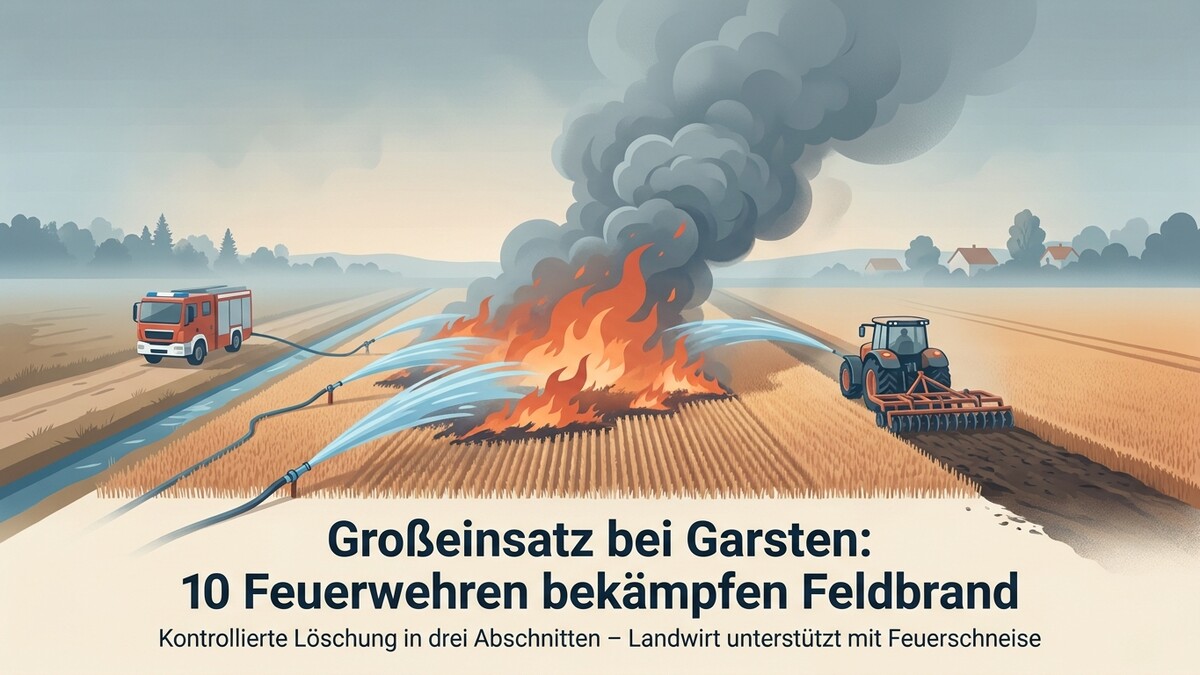 Feldbrand: Feuerwehr und Traktor bekämpfen Flammen auf Feld bei Garsten mit Wasser und Pflug