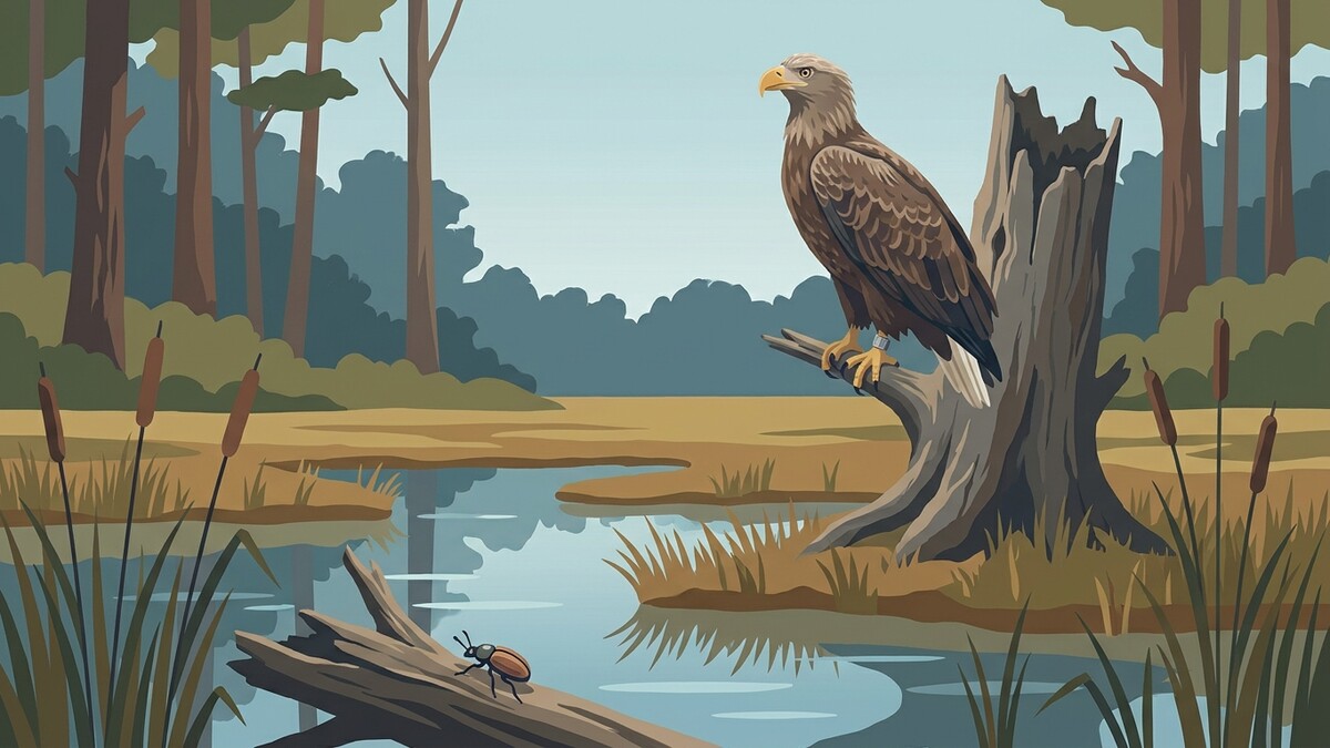 Adler sitzt auf Baumstumpf im Wald, Käfer auf Ast im Wasser.