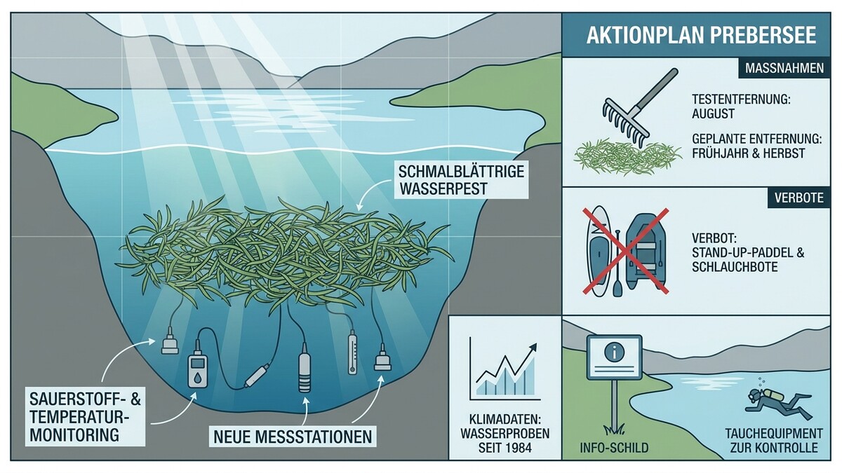 Aktionsplan Prebersee: Schmalblättrige Wasserpest, Messstationen, Klimadaten, Verbote, Taucherkontrolle.
