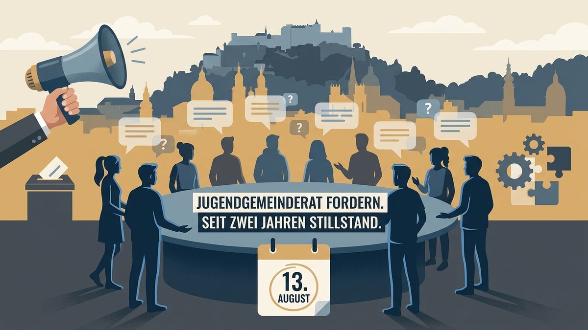 Jugendgemeinderat fordern, Salzburg: Menschen diskutieren am Tisch, Megafon, Wahlurne