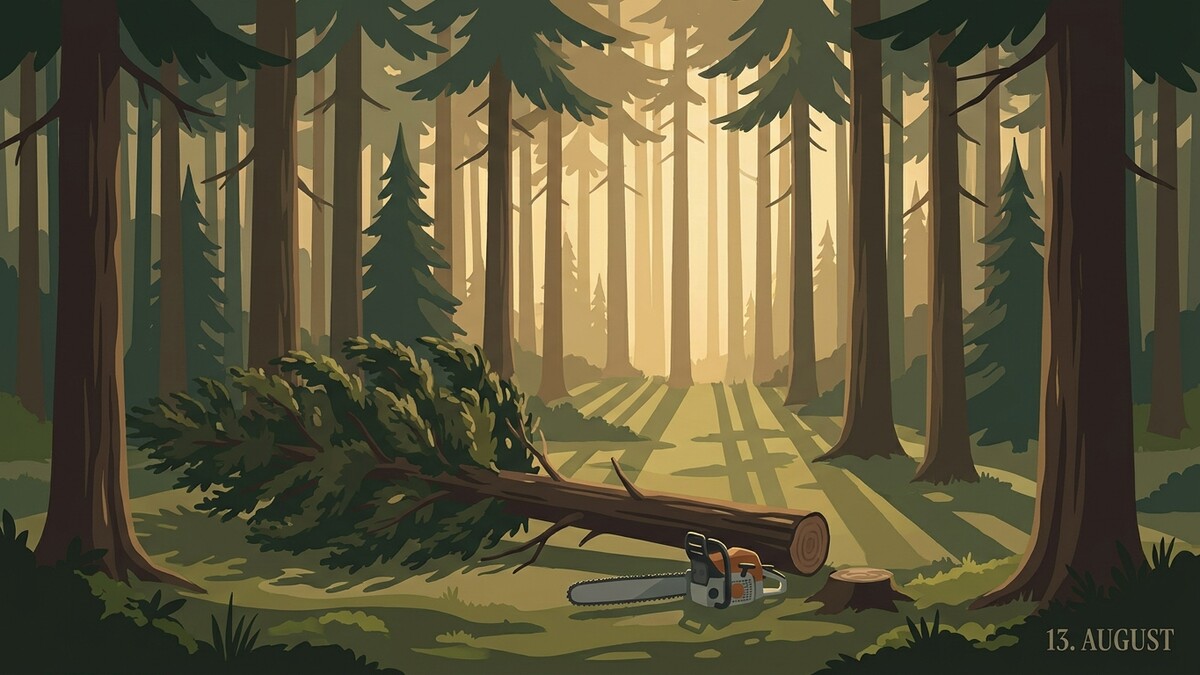 Wald mit gefälltem Baum und Motorsäge im Sonnenlicht