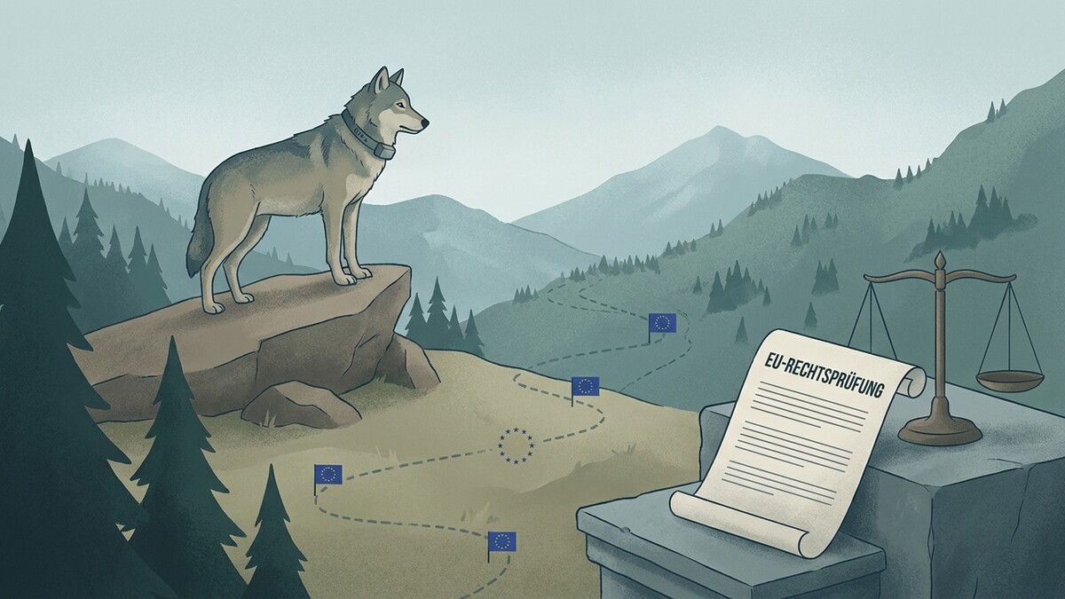 Wolf auf Felsen in Berglandschaft mit EU-Fahnen und EU-Rechtsprüfung-Dokument