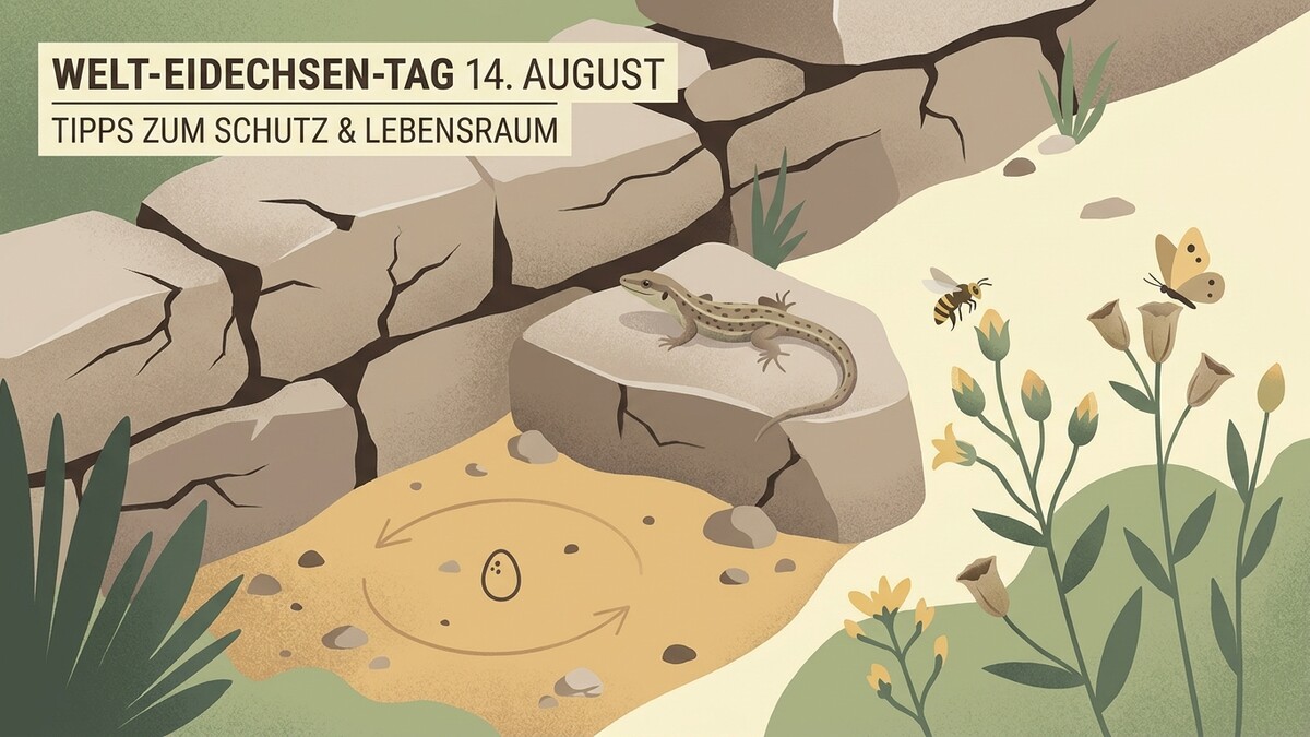 Eidechse auf Stein, Biene, Schmetterling und Blumen vor Felsenwand
