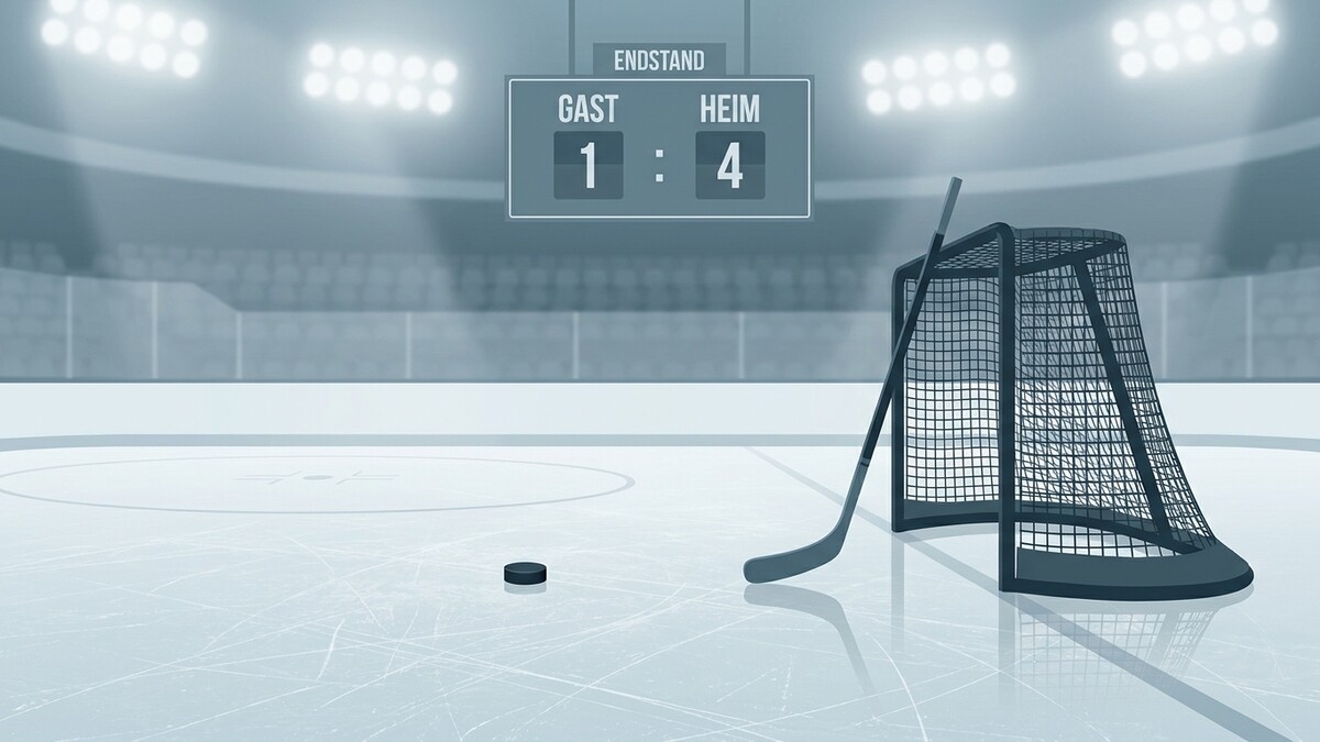 Eishockey-Tor, Stock und Puck auf dem Eis vor Anzeigetafel mit 1:4