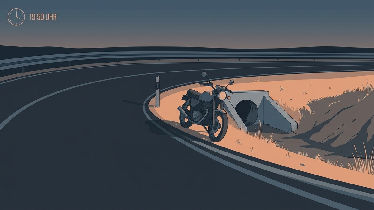 Motorrad am Straßenrand bei Dämmerung neben einer Betonröhre
