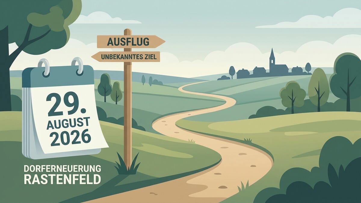 Dorferneuerung Rastenfeld am 29. August 2026, Wegweiser mit Ausflug und unbekanntem Ziel